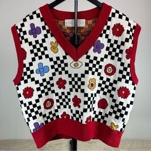 Kina & Tam 100% Cotton Checkerboard Floral Sweater Vest M